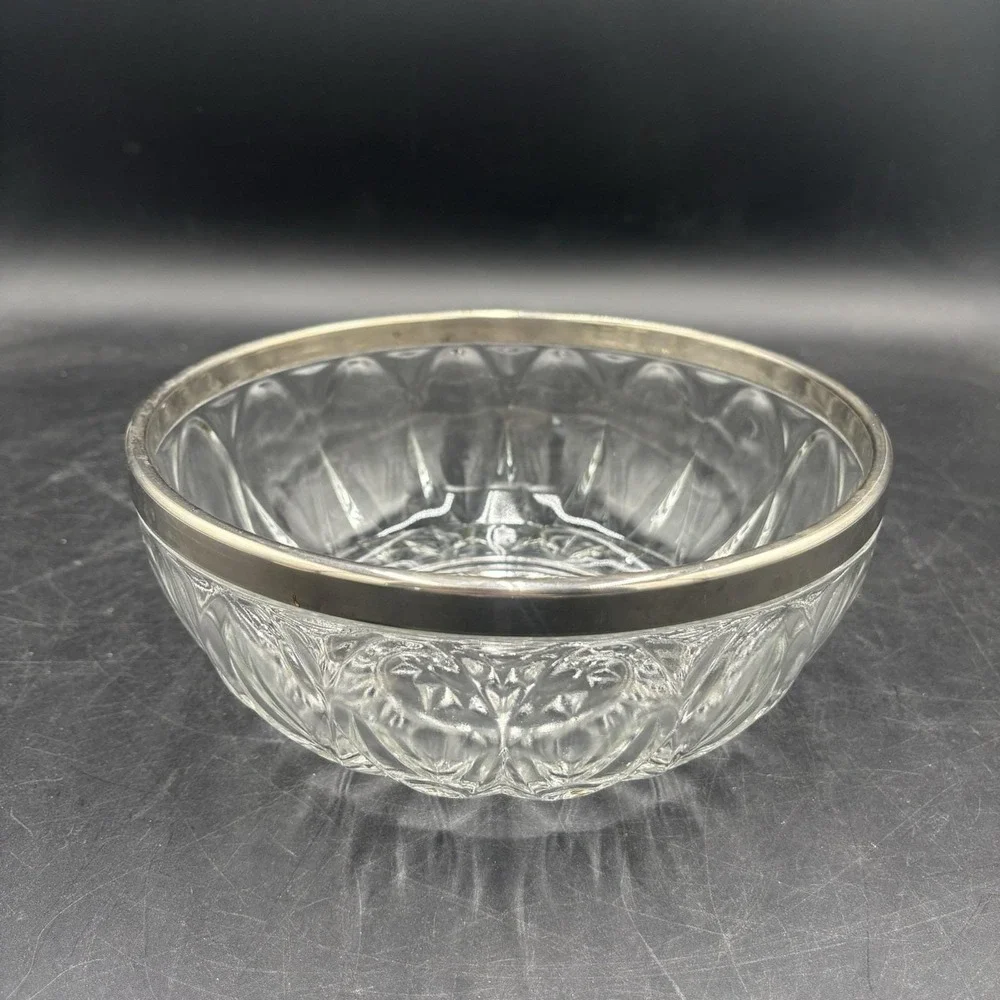 Vintage Heavy Cut Glass Bowl Silver Plate Rim Made In Italy 9